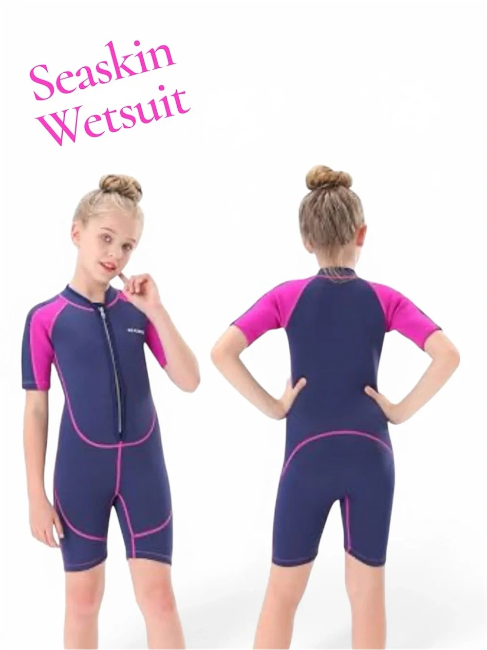 🩷Girls Seaskin Short Sleeve Wetsuit Swim Wear - Sz 3- Navy & Hot Pink